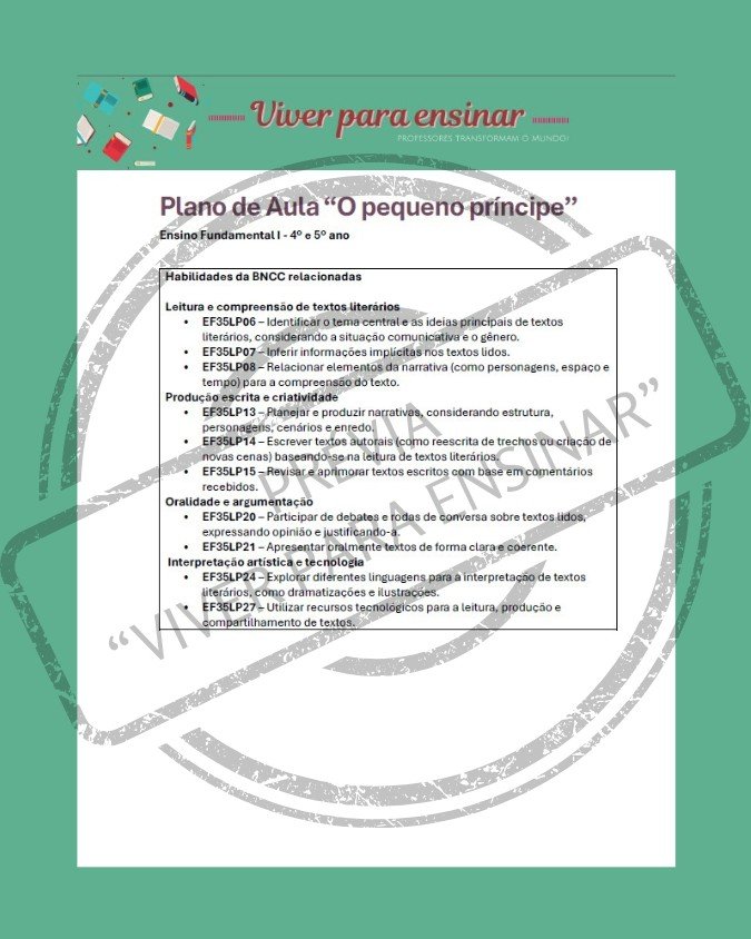 Projeto de Leitura - O Pequeno Príncipe - Ensino Fundamental - Alinhamento à BNCC